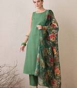 Floral Printed Round Neck Cotton Straight Kurta With Trousers & Dupatta