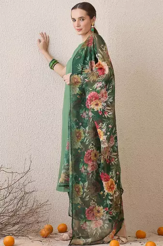 Floral Printed Round Neck Cotton Straight Kurta With Trousers & Dupatta