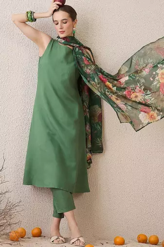 Floral Printed Round Neck Cotton Straight Kurta With Trousers & Dupatta