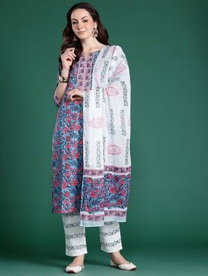 Floral Printed Pure Cotton Kurta with Trousers & With Dupatta 5