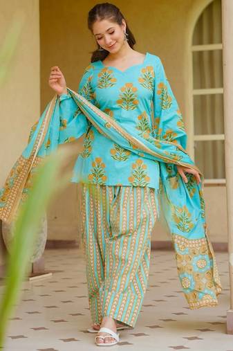 Blue Digital Print Work Cotton Salwar Suit