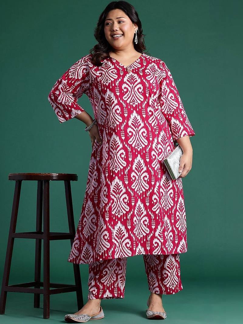 Plus Size Ethnic Motifs Printed Regular Pure Cotton Kurta with Palazzos