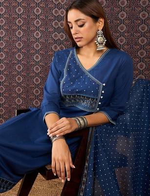 Women Ethnic Motifs Regular Thread Work Pure Cotton Kurta with Trousers & With Dupatta 2