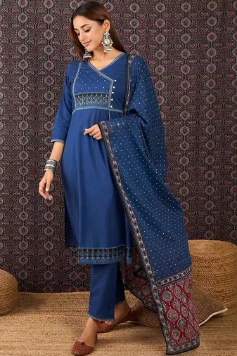 Women Ethnic Motifs Regular Thread Work Pure Cotton Kurta with Trousers & With Dupatta