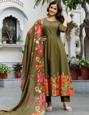 Women Floral Panelled Thread Work Pure Cotton Kurta with Trousers & With Dupatta 5