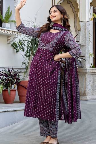 Women Ethnic Motifs Printed Regular Pure Cotton Kurta with Trousers & With Dupatta