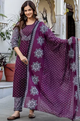Women Ethnic Motifs Printed Regular Pure Cotton Kurta with Trousers & With Dupatta