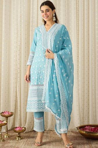 Women Ethnic Motifs Embroidered Regular Thread Work Pure Cotton Kurta with Trousers & With Dupatta
