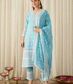 Women Ethnic Motifs Embroidered Regular Thread Work Pure Cotton Kurta with Trousers & With Dupatta