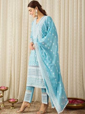Women Ethnic Motifs Embroidered Regular Thread Work Pure Cotton Kurta with Trousers & With Dupatta 3