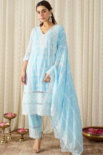 Ethnic Motifs Embroidered Chikankari Pure Cotton Kurta with Trousers & Dupatta