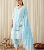 Ethnic Motifs Embroidered Chikankari Pure Cotton Kurta with Trousers & Dupatta