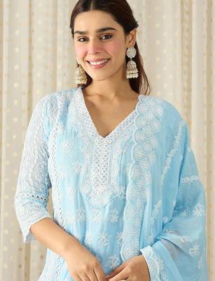 Ethnic Motifs Embroidered Chikankari Pure Cotton Kurta with Trousers & Dupatta 2