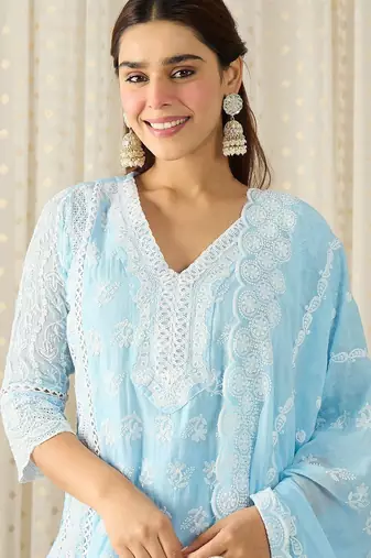 Ethnic Motifs Embroidered Chikankari Pure Cotton Kurta with Trousers & Dupatta