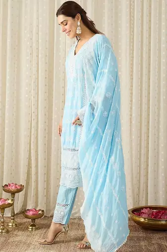 Ethnic Motifs Embroidered Chikankari Pure Cotton Kurta with Trousers & Dupatta