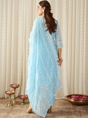 Ethnic Motifs Embroidered Chikankari Pure Cotton Kurta with Trousers & Dupatta 4