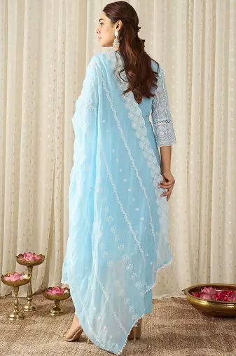 Ethnic Motifs Embroidered Chikankari Pure Cotton Kurta with Trousers & Dupatta