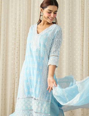 Ethnic Motifs Embroidered Chikankari Pure Cotton Kurta with Trousers & Dupatta 6