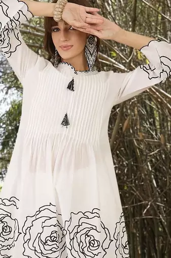 Women Floral Printed Pleated Thread Work Pure Cotton Kurta with Trousers