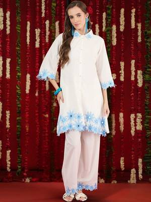 Women Floral Embroidered Regular Thread Work Pure Cotton Kurta with Trousers 1