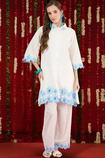 Women Floral Embroidered Regular Thread Work Pure Cotton Kurta with Trousers