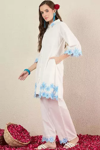 Women Floral Embroidered Regular Thread Work Pure Cotton Kurta with Trousers