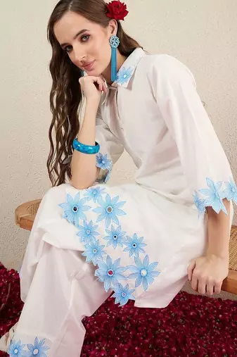 Women Floral Embroidered Regular Thread Work Pure Cotton Kurta with Trousers