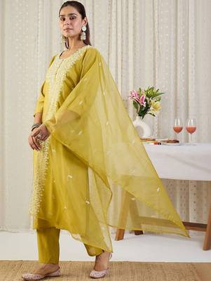 Women Ethnic Motifs Embroidered Regular Kurta with Trousers & With Dupatta 5