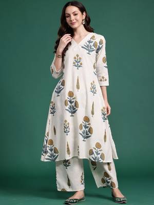 Floral Printed V Neck A Line Pure Cotton Kurta With Palazzos 1