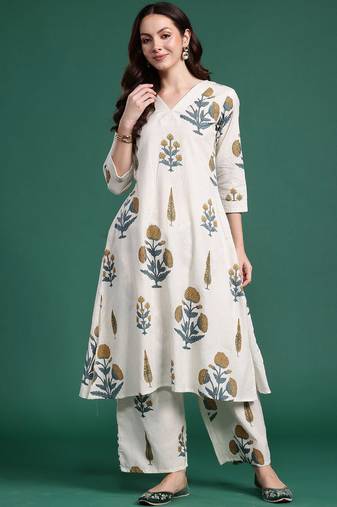 Floral Printed V Neck A Line Pure Cotton Kurta With Palazzos