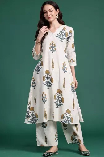 Floral Printed V Neck A Line Pure Cotton Kurta With Palazzos