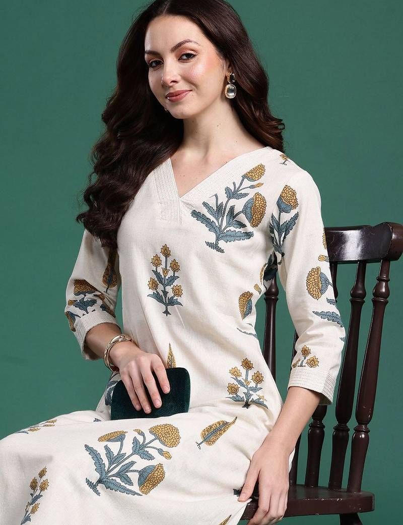 Floral Printed V Neck A Line Pure Cotton Kurta With Palazzos