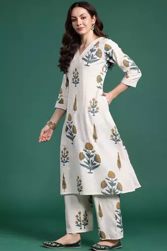 Floral Printed V Neck A Line Pure Cotton Kurta With Palazzos