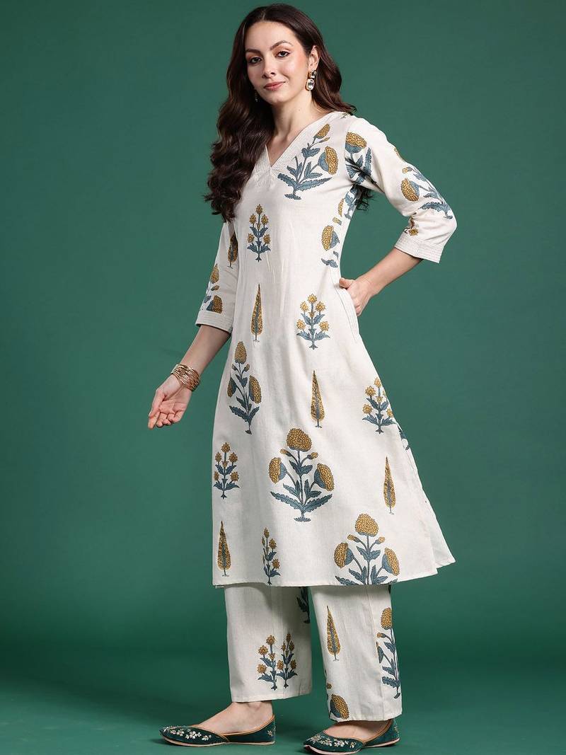 Floral Printed V Neck A Line Pure Cotton Kurta With Palazzos