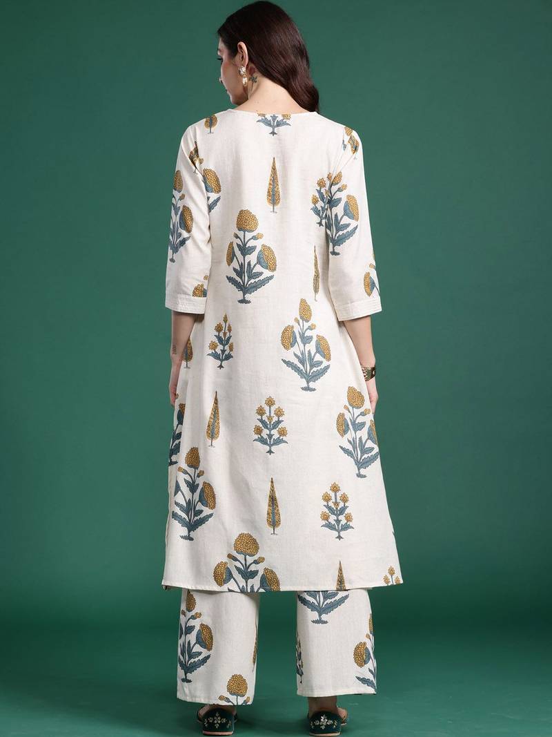 Floral Printed V Neck A Line Pure Cotton Kurta With Palazzos