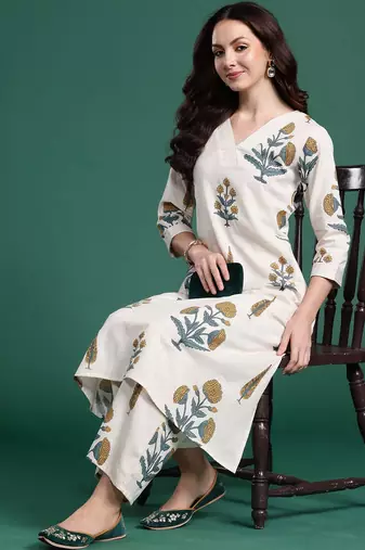 Floral Printed V Neck A Line Pure Cotton Kurta With Palazzos