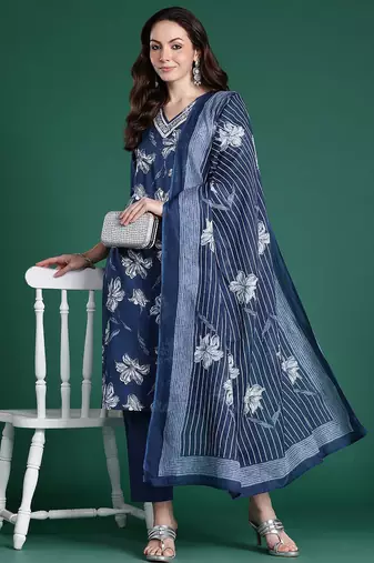 Floral Printed Regular Pure Cotton Kurta with Trousers & Dupatta