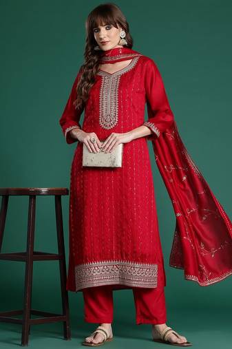 Ethnic Motifs Embroidered Sequinned Kurta with Trousers & With Dupatta
