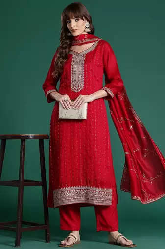 Ethnic Motifs Embroidered Sequinned Kurta with Trousers & With Dupatta