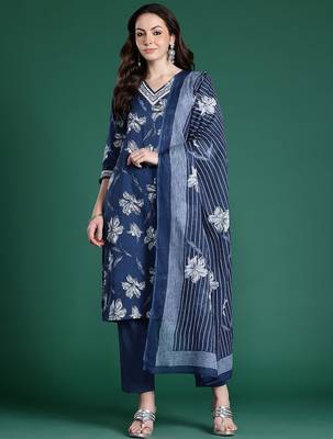 Floral Printed Regular Pure Cotton Kurta with Trousers & Dupatta 5