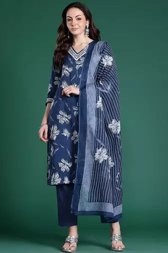 Floral Printed Regular Pure Cotton Kurta with Trousers & Dupatta