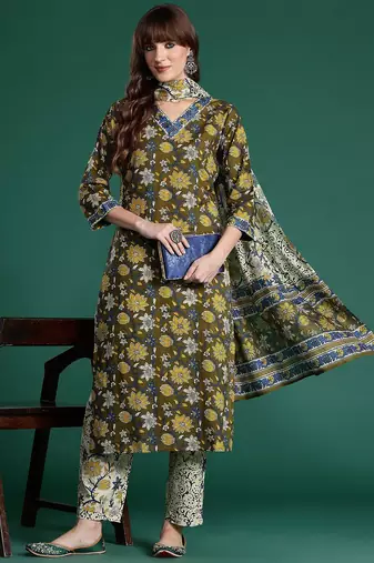 Floral Printed Pure Cotton Kurta with Trousers & With Dupatta