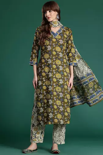 Floral Printed Pure Cotton Kurta with Trousers & With Dupatta