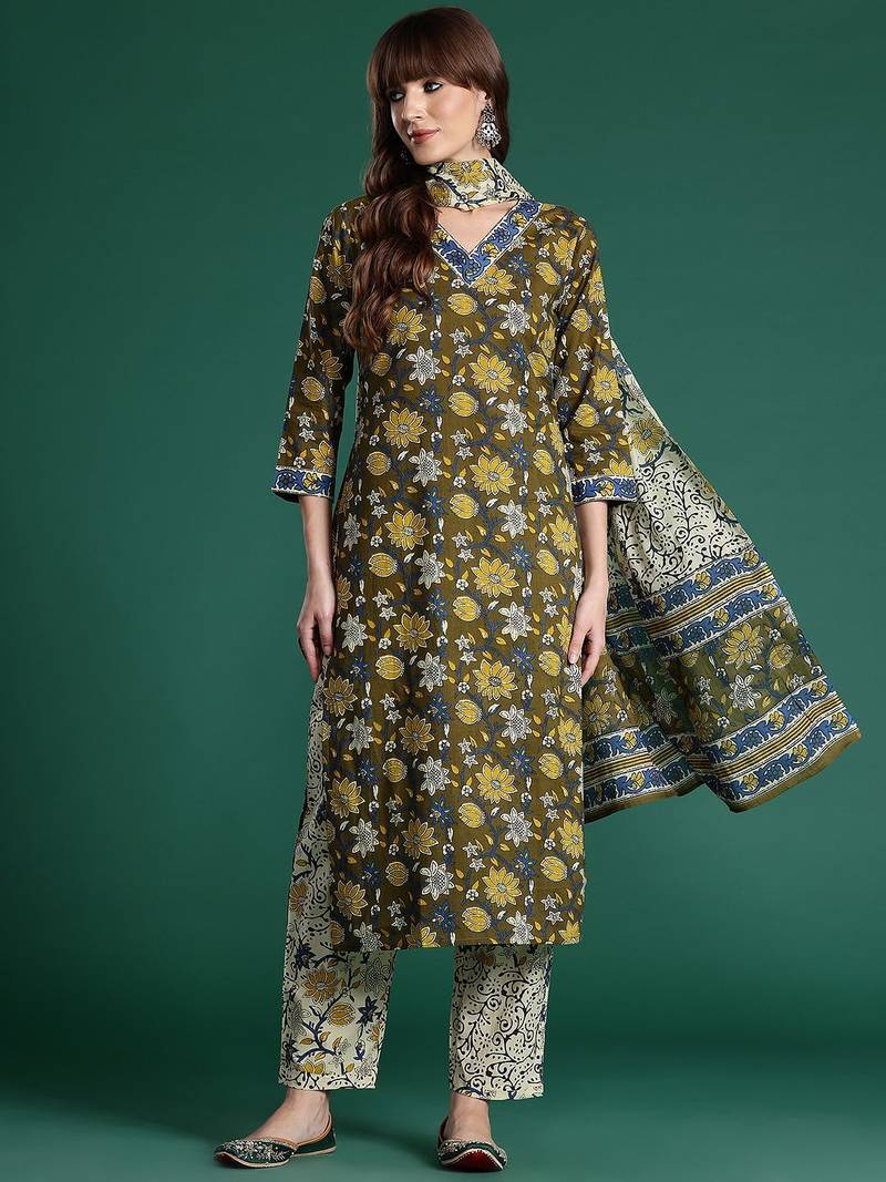 Floral Printed Pure Cotton Kurta with Trousers & With Dupatta