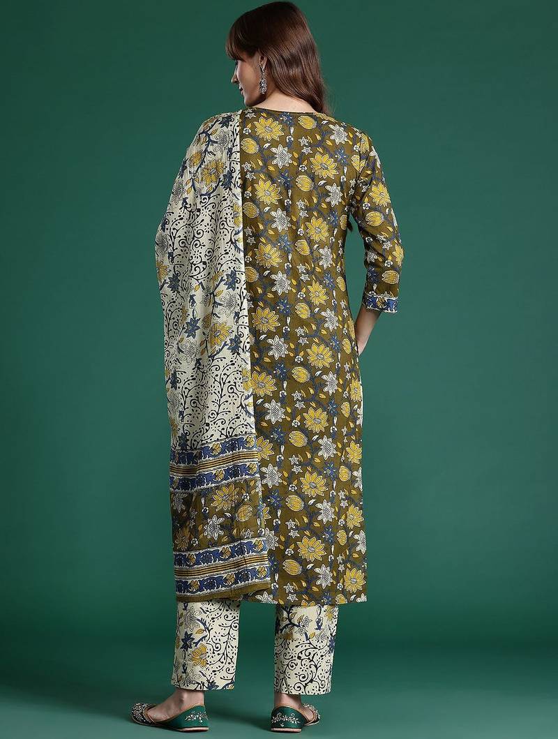 Floral Printed Pure Cotton Kurta with Trousers & With Dupatta