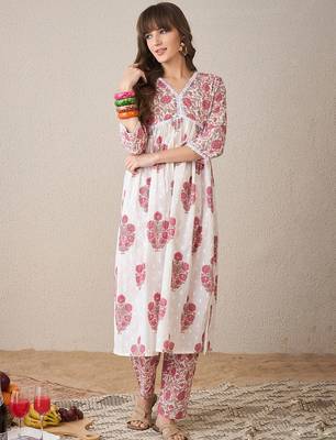 Floral Printed V-Neck Empire Pure Cotton A-Line Kurta With Trouser 1