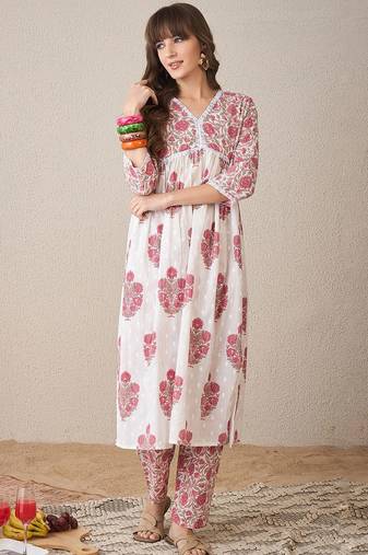 Floral Printed V-Neck Empire Pure Cotton A-Line Kurta With Trouser