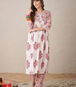 Floral Printed V-Neck Empire Pure Cotton A-Line Kurta With Trouser