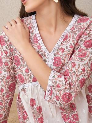 Floral Printed V-Neck Empire Pure Cotton A-Line Kurta With Trouser 2