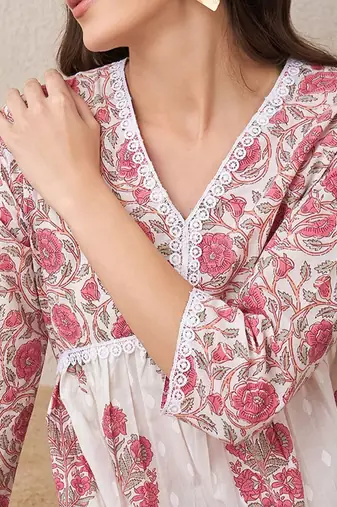 Floral Printed V-Neck Empire Pure Cotton A-Line Kurta With Trouser